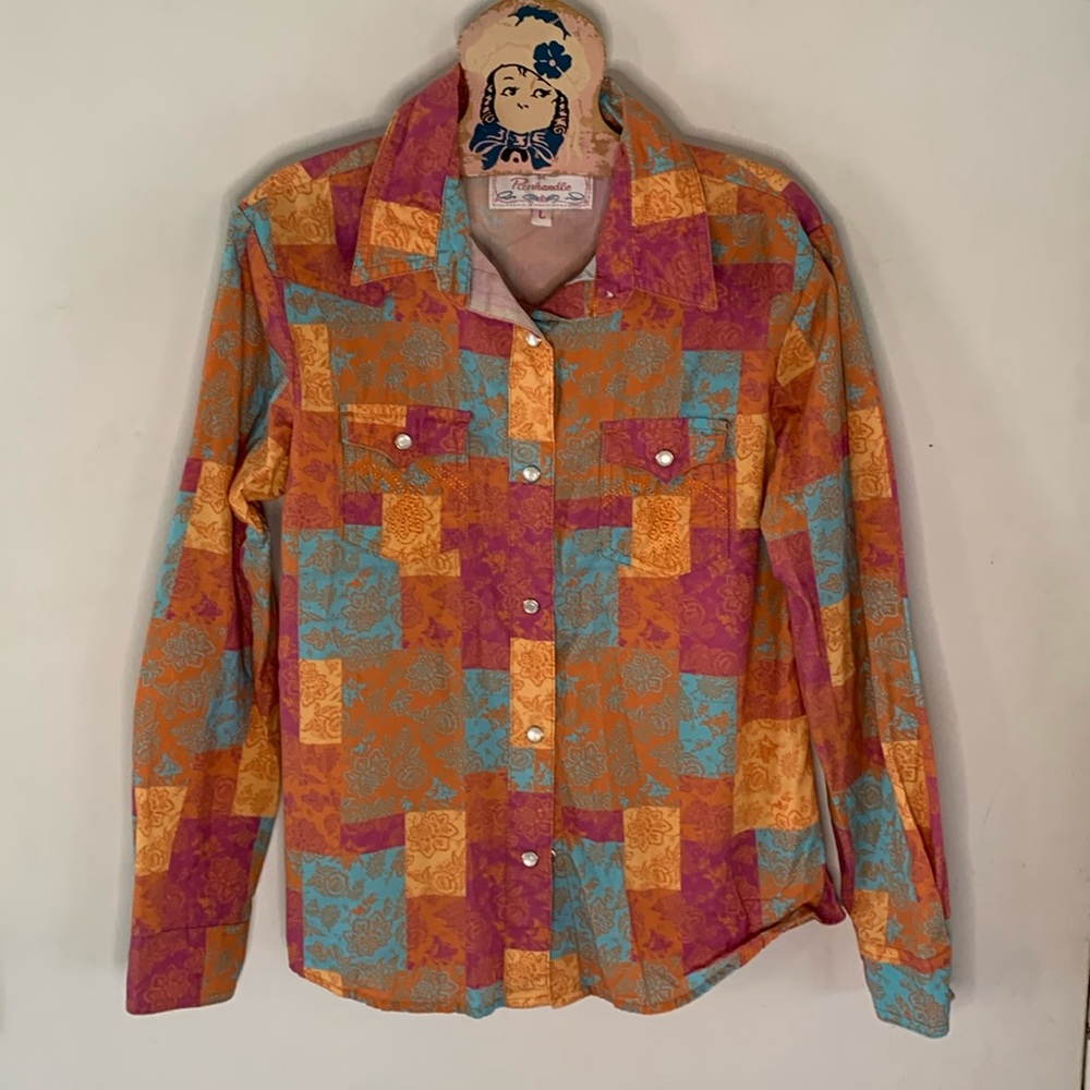Panhandle bright floral print patchwork long sleeve button down western shirt